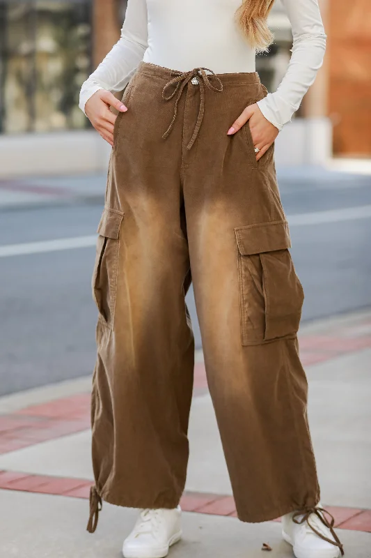 Women's Casual Wear Clothes Sporty Fashion Offers FINAL SALE - Contemporary Aura Brown Corduroy Cargo Pants