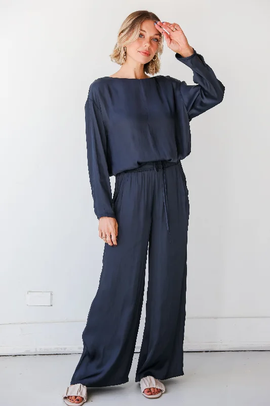 Chic Women's Outfit Budget Friendly FINAL SALE - Covetable Charm Navy Satin Wide Leg Pants