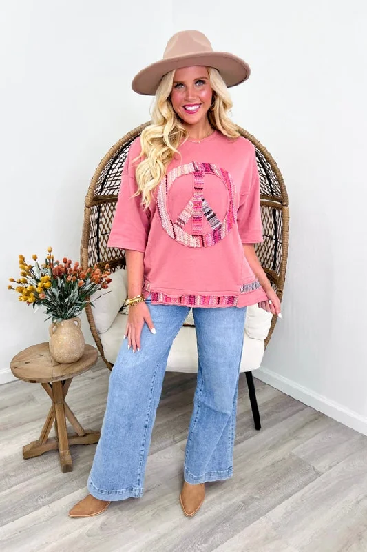 Trend Alert High-Fashion Women's Clothing Trend Alert Dried Rose Distressed Peace Patch Top *Final Sale*