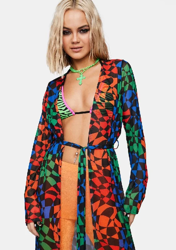 High-Fashion Women's Clothing Chic & Modern Sales Super Psychedelic Checkered Mesh Duster