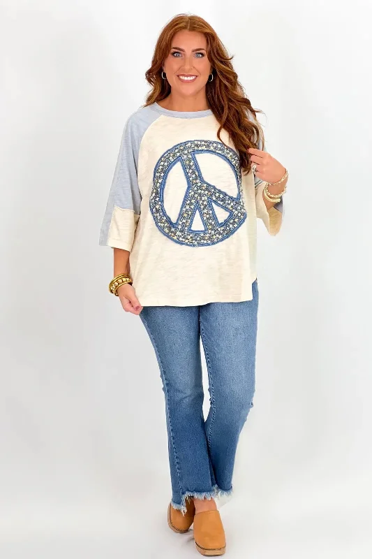 Discover Now Women's Clothes And Apparel Discover Now Blue and Natural Patchwork Peace Sign Top