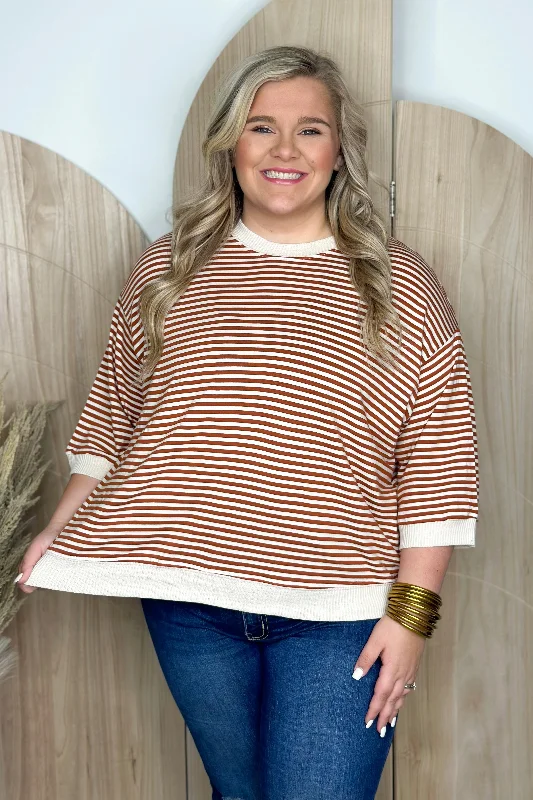 Unleash Your Style Luxury Women's Clothes Unleash Your Style Brown Stripe Round Neck Top