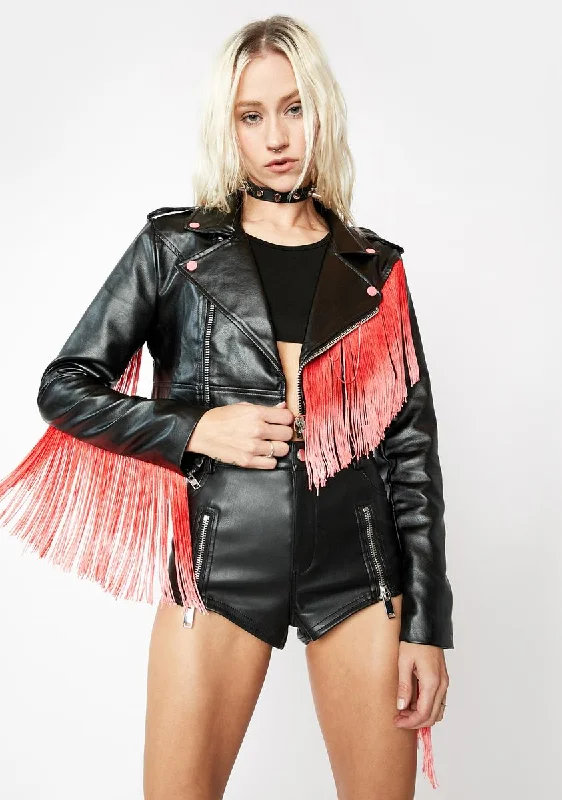 Women's Urban Clothing Holiday Attire Sale Cherry Bite The Dust Fringe Moto Jacket