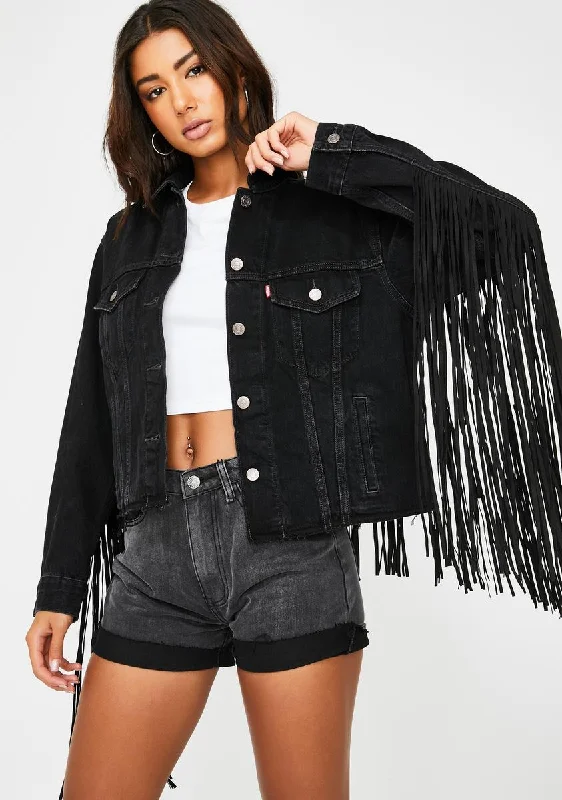 Vintage-Inspired Women's Clothes Street Style Discounts Black Ex Boyfriend Fringe Trucker Jacket