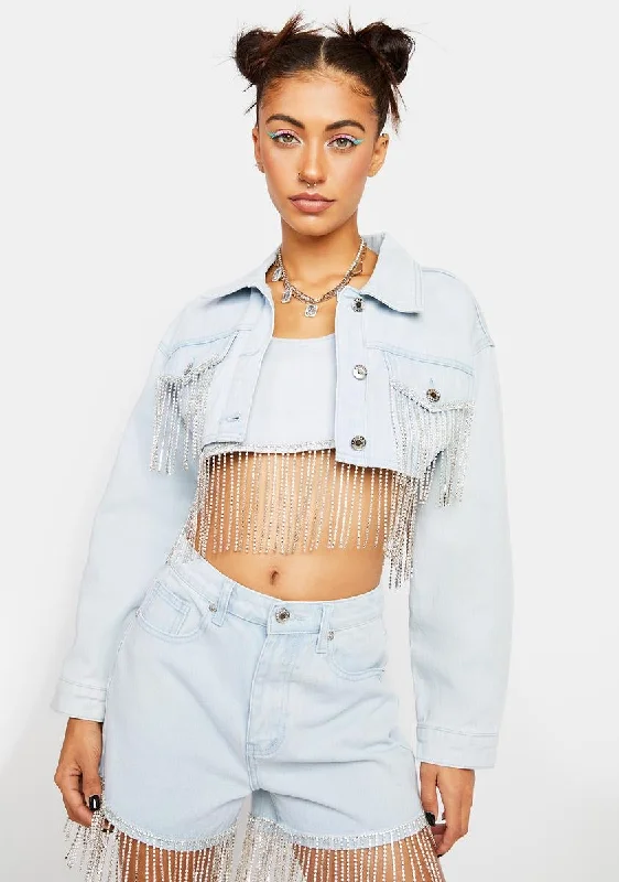 Women's Resort Apparel Timeless Style Promotions Cropped Denim Jacket With Diamante Fringe