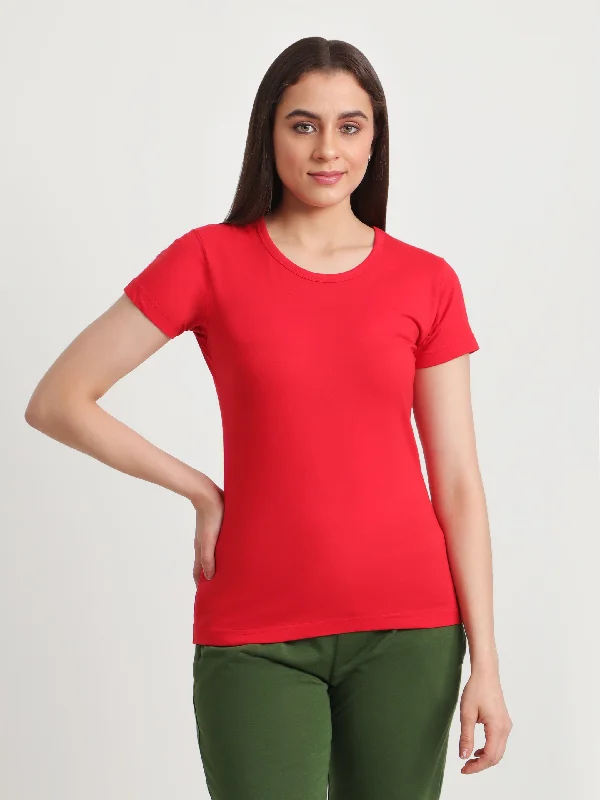 Trendy Looks On Sale Women's Plus-Size Casual Outfit Trendy Looks On Sale T.T. Women Slim Fit 100% Cotton Cool Round Neck Half Sleev Solid Tshirt  Red