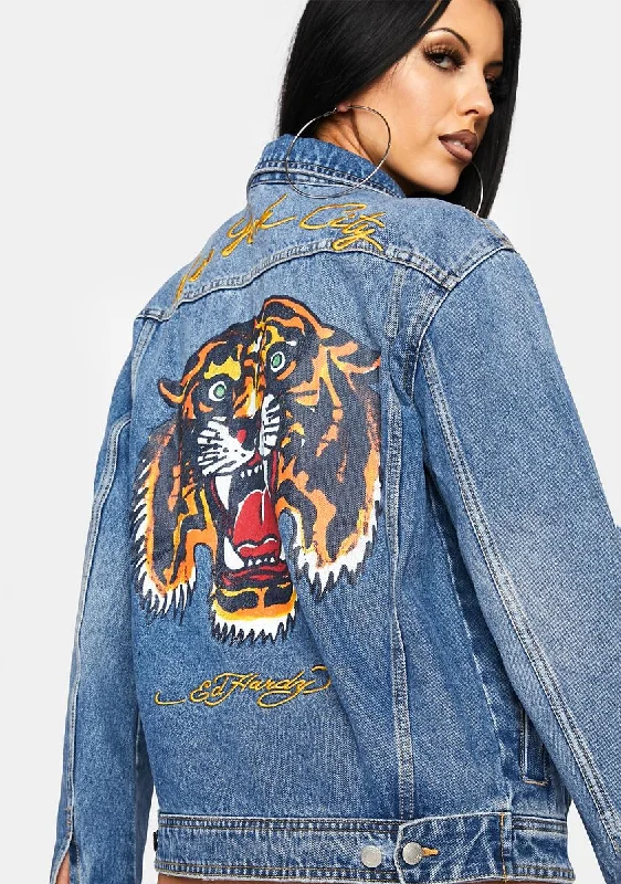 Classic Women's Clothing Styles Sleek Style Discounts NYC Tiger Denim Jacket