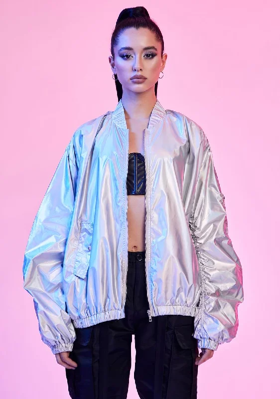 Elegant Women's Evening Garments Ride The Style Wave Spaced Out Holographic Bomber Jacket