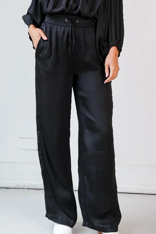 Formal Outfit For Women Unbeatable Prices FINAL SALE - Exquisite Shine Black Satin Wide Leg Pants