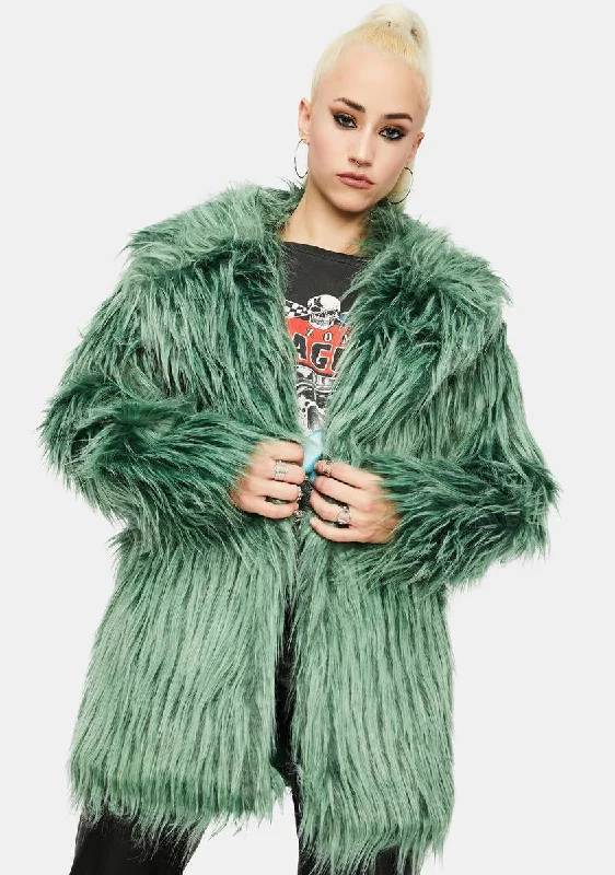 Women's Stylish Outdoor Outfit Trendy Pulse Green Shaggy Faux Fur Coat