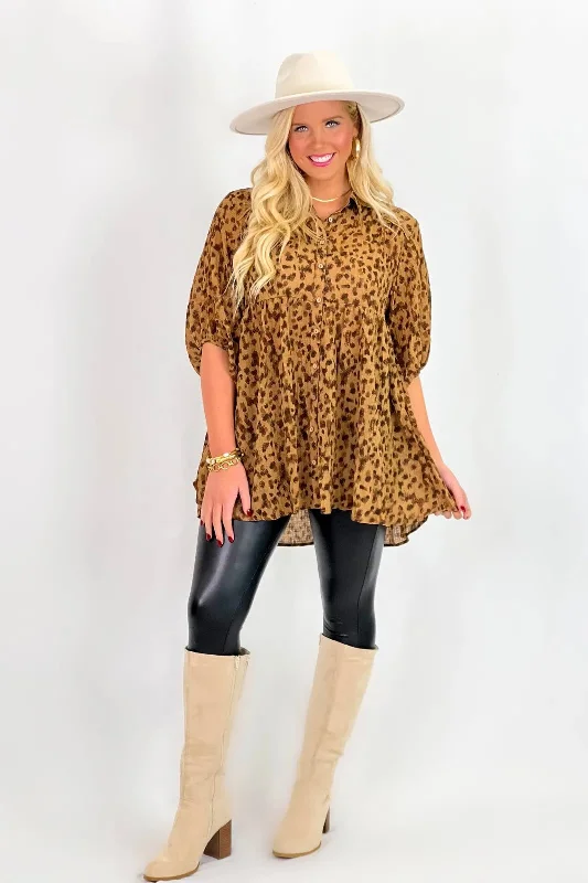 Seasonal Style Discounts Women's Apparel And Garments Seasonal Style Discounts Brown Animal Printed Front Button Puff Sleeve Top