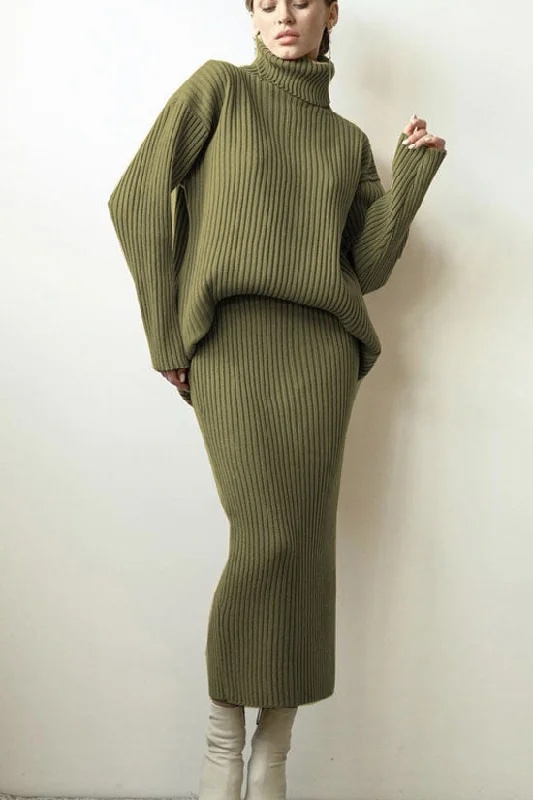 Women's Outdoor Activity Garments Fashion Forward Femininity Luxury Winter Rib Knit Turtleneck Oversized Sweater Midi Two Piece Dress - Green