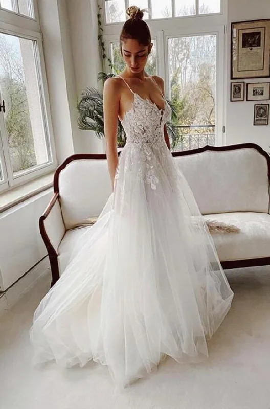 Timeless Women's Garments Fashion Forward, Function First Sexy V-Neck Tulle Lace Appliques Beading Spaghetti Straps A-Line Wedding Dresses