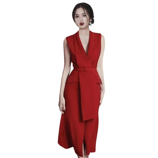 Women's High-Fashion Outfit Clearance Sale, All Cheap Red Sleeveless V-neck Belt Front Slit Blazer Dress