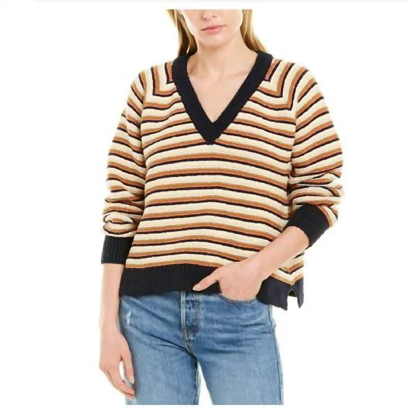 Women's Clothing For Special Occasions Effortless Style, Endless Impact Arden Pullover V-Neck Cotton Stripe Sweater In Navy, White, Yellow