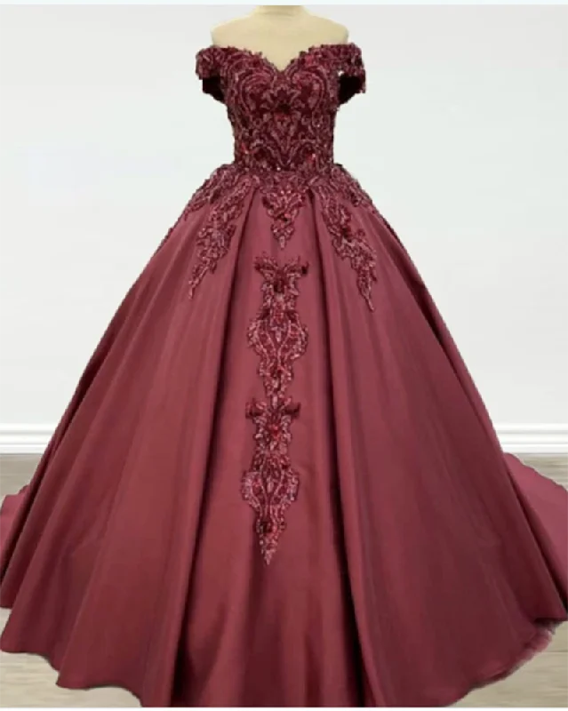 Casual Clothing For Women Classy Style Discounts Gorgeous Burgundy Off the Shoulder Ball Gown Wedding Dress  Lace and Satin formal prom Gown PL11021