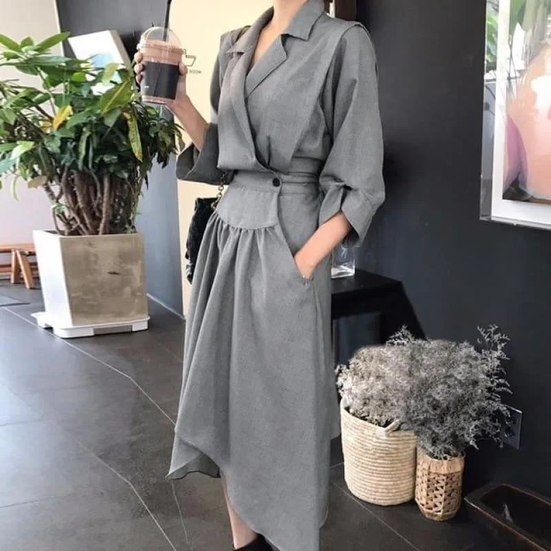 Women's Contemporary Apparel Fashionable Comfort Promotions Female V Neck High Waist Ruched Pocket Split Asymmetrical Midi Dress