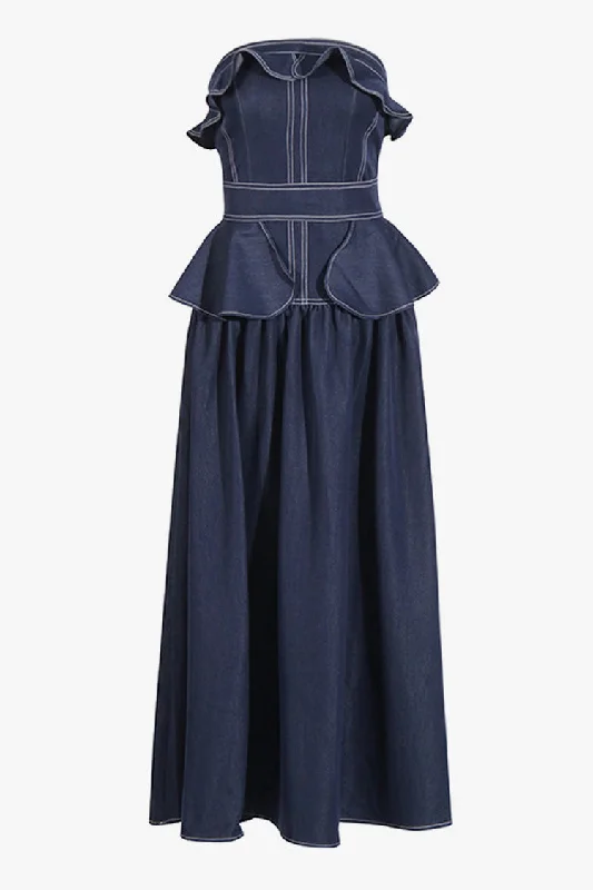 Women's Sporty Chic Clothes Absurdly Cheap Sale French Style Strapless Ruffle Peplum Drop Waist Denim Maxi Vacation Dress