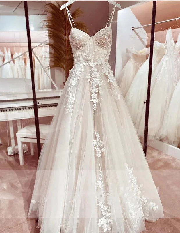 Charming Women's Outfit For Special Occasions Top Deals Princess Lace Wedding Dress Bridal Robe 2024 Vestido Spaghetti Straps Chapel Train Champagne Tulle Wedding Gown Lakshmigown