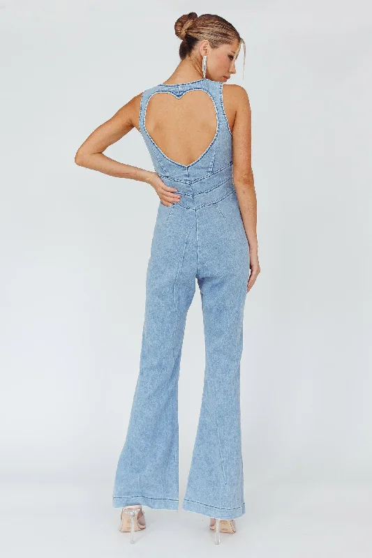 Women's Effortless Casual Outfit Hot Items Teigan Heart Back Sleeveless Jumpsuit Light Denim