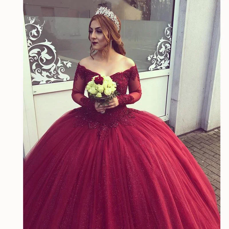 Women's Clothes And Apparel Fashion Forward Femininity Burgundy Off the Shoulder Lace Princess Ball Gown Wedding Dress with Sleeves Vestido De Novias MO002