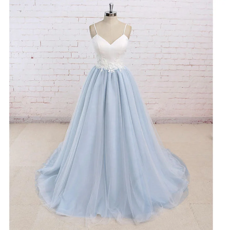 Casual Clothing For Women Season Sale LP789 Spaghetti Straps Prom Gown Light Blue and Ivory Country Wedding Dresses