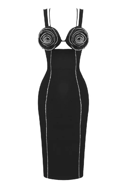 Women's Clothes For Outdoor Events Popular Collection Sparkly Crystal Rosette Sleeveless Bodycon Badnage Cocktail Party Midi Dress