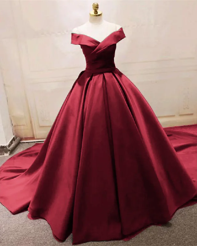 Women's Travel Attire Style Without Limits Siaoryne Satin Ball Gown Elegant Evening Formal Gown Burgundy Wedding Dresses with off Shoulder PL5885