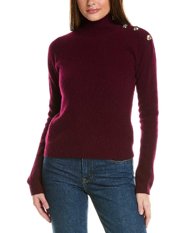 Women's Holiday Attire Casual Chic Bruno Magli Rib Button Shoulder Mock Nek Cashmere Sweater