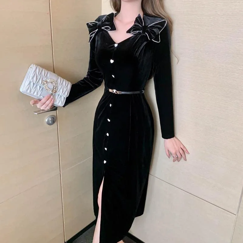 Women's Holiday Attire Huge Price Cut Black Velvet Long Sleeve Party Button Down Midi Dress