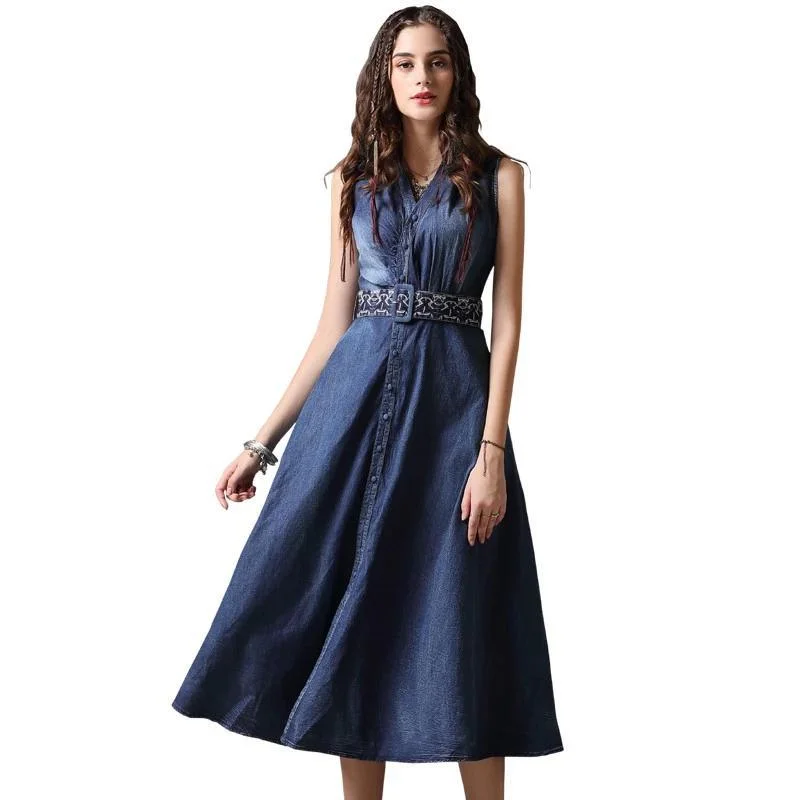 Women's Clothing Apparel Sophisticated Fashion V-Neck A-Line Sleeveless Belted Single Breasted Denim Dress