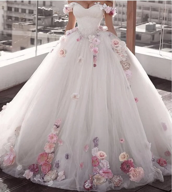 Women's Chic Apparel Fall Sale, Prices Drop Pink/White Off Shoulder Ball Gown Floral /flowers Wedding Dress Girls Sweet 16 quinceanera Gown First Debutante Gown