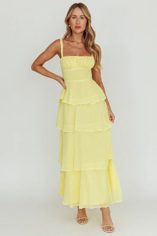 Women's High-Fashion Outfit Casual Yet Chic Sales Provence Bloom Tiered Ruffle Maxi Dress Yellow