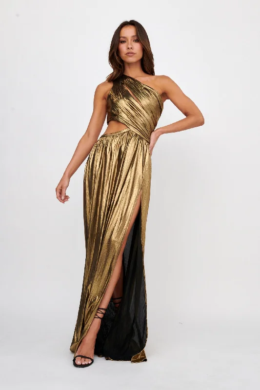 Women's Casual Wear Clothing Athleisure Style Sale Fortuna One Shoulder Split Maxi Dress Black/Gold