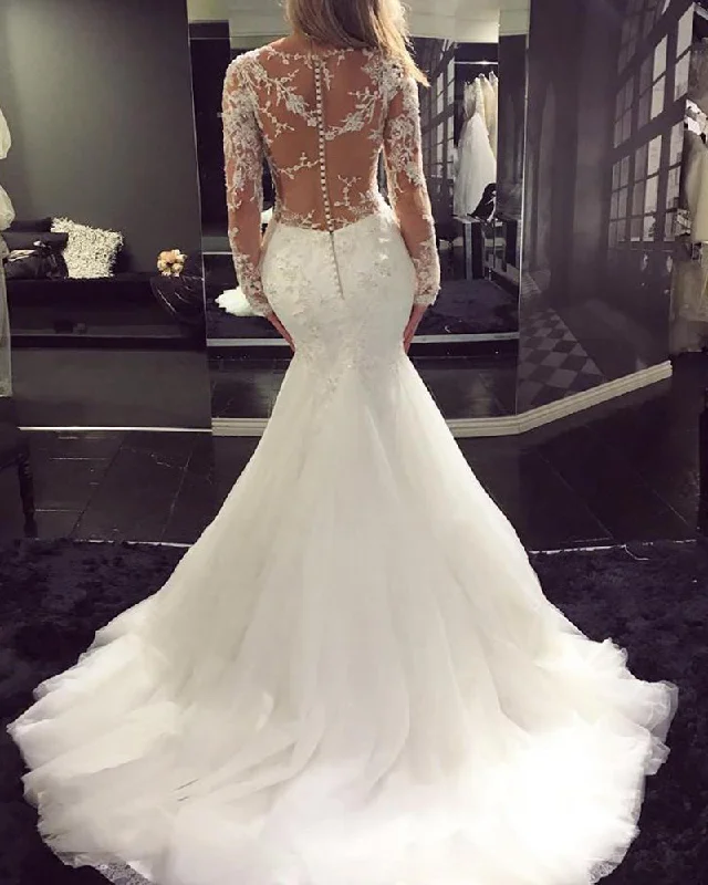 Timeless Women's Clothes Stylish Deals Siaoryne WD023 Long Sleeves Sexy See Through Wedding dress Mermaid Bridal Gowns Lace