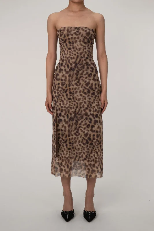 Stylish Women's Attire End-Of-Season Clearance Vintage Leopard Print Strapless Split Sheath Mesh Cocktail Party Midi Dress