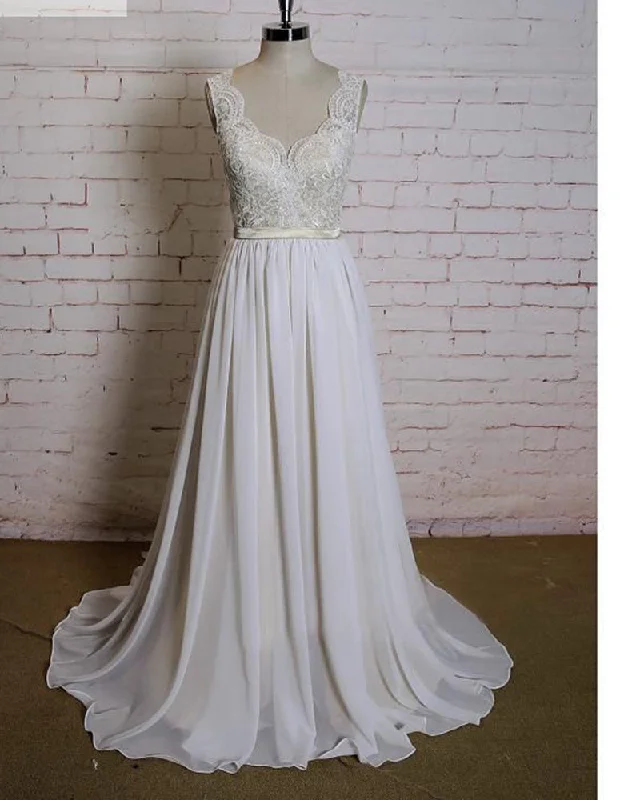 Affordable Women's Outfit Hot Picks Ivory Lace Chiffon A-line Wedding Dress V-Neck Floor Length Bridal Gown WD10619