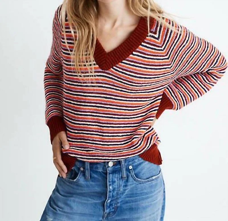 Women's Party Clothes Massive Savings Arden V-Neck Crop Pullover Cotton Stripe Sweater In Maroon, White, Orange, Lilac