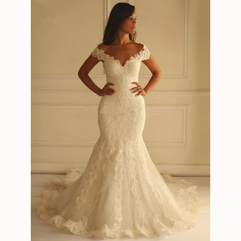 Timeless Women's Apparel End-Of-Season Clearance Best Ivory Mermaid wedding Gown Lace Bridal Dress Cap Sleeves robe de mariée 2020