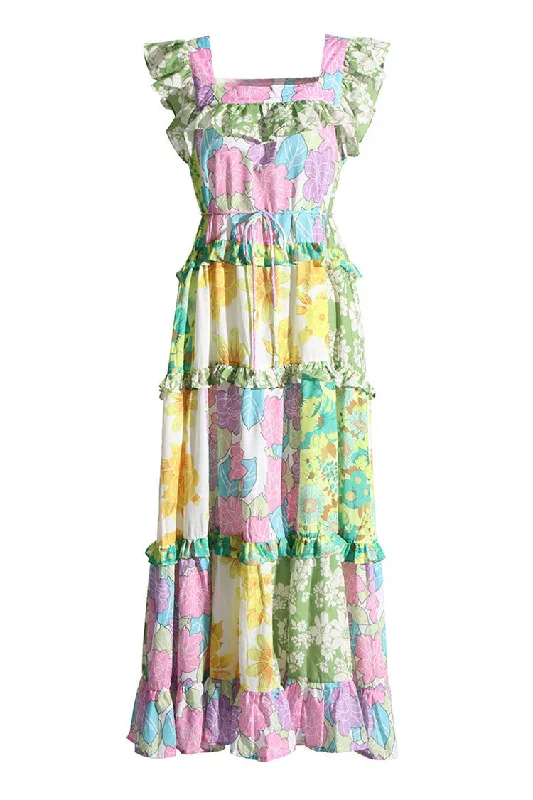 Elegant Clothing For Women Hot Brand Discounts Pastoral Square Neck Tiered Floral Patchwork Printed Summer Midi Sundress