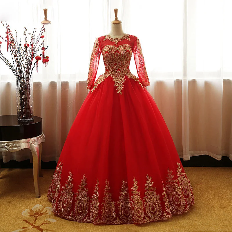 Charming Women's Garments Clearance Sale, All Cheap Red and Gold Ball Gown prom dress with Long Sleeves Wedding gown WD750