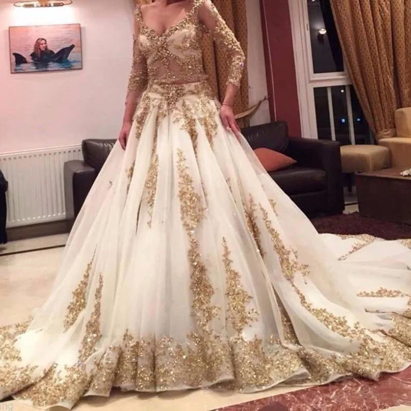 Women's Clothing For Casual Outings Elegant Fashion Offers Siaoryne Muslim Custom Made Champagne Appliqued Lace Wedding Dress Long Sleeves