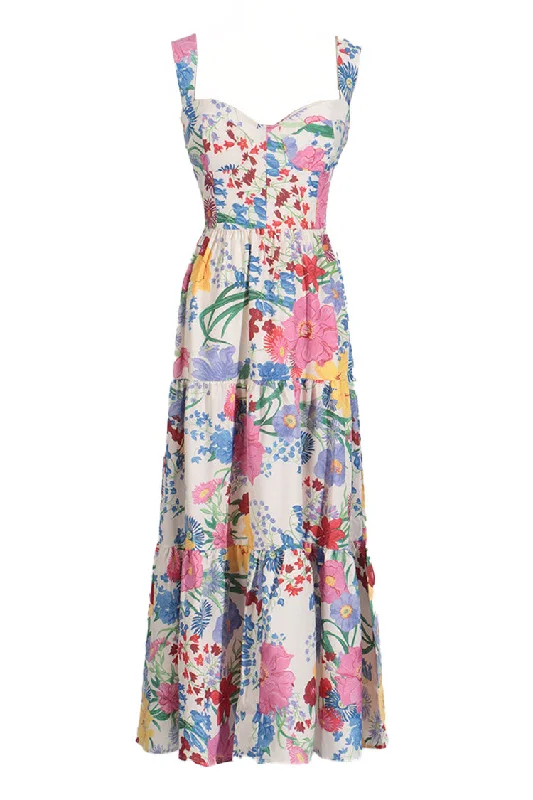 Women's Vintage Garments Shop Sales Colorful Floral Print Sweetheart Bustier Fit and Flare Vacation Maxi Sundress