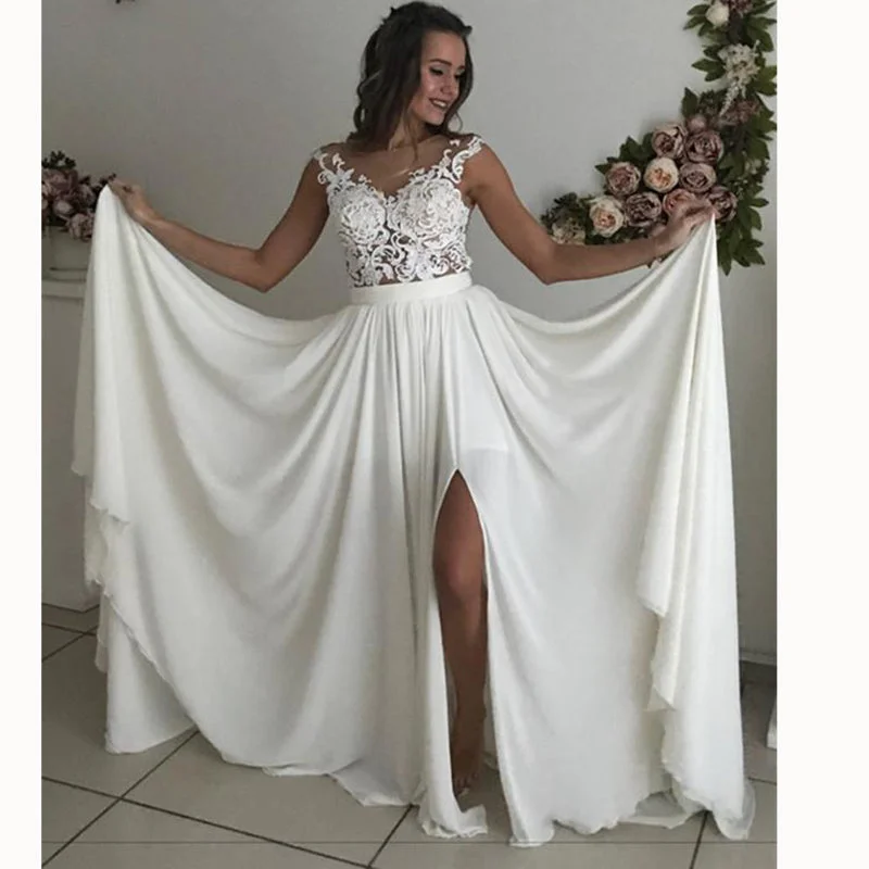 Sustainable Women's Clothes Chic Styles WD3375 Ivory Chiffon Beach Bridal Dresses 2018 with Lace Appliqued Slit Leg Sexy Wedding Gown