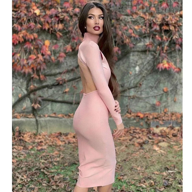 Timeless Women's Clothing Find Your Unique Flair Backless Sexy Knitted Long Sleeve Slim Midi Dress