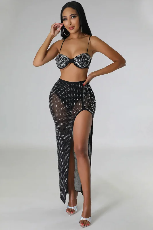 Women's Casual Garments On-Trend Fashion Offers Sparkly Rhinestone Bra High Waist Split Mesh Maxi Two Piece Dress - Black