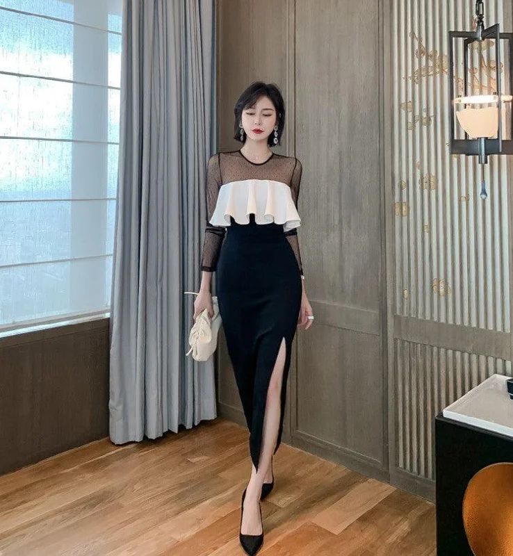 Charming Women's Garments Unleash Your Style Black and White Split Mesh Midi Korean Dress