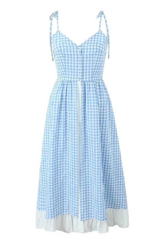 Women's Charming Outfit For Events Seasonal Picks Vintage Gingham Printed Tie Strap Button Up Tiered Ruffle Midi Sundress