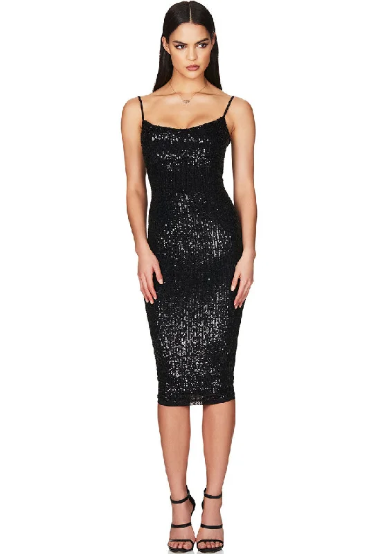 Women's Work Apparel Limited Styles Sparkly Sequin Scoop Neck Spaghetti Strap Cocktail Party Midi Dress - Black