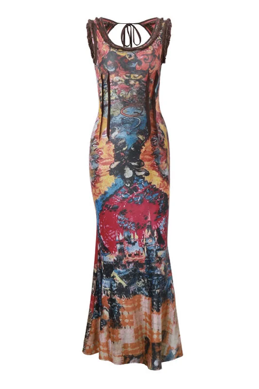 Women's Everyday Apparel Limited Edition Vintage Print Frayed Scoop Neck Cutout Sleeveless Fishtail Boho Maxi Dress